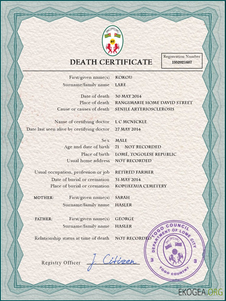 Modèle PSD de certificat de décès du Togo